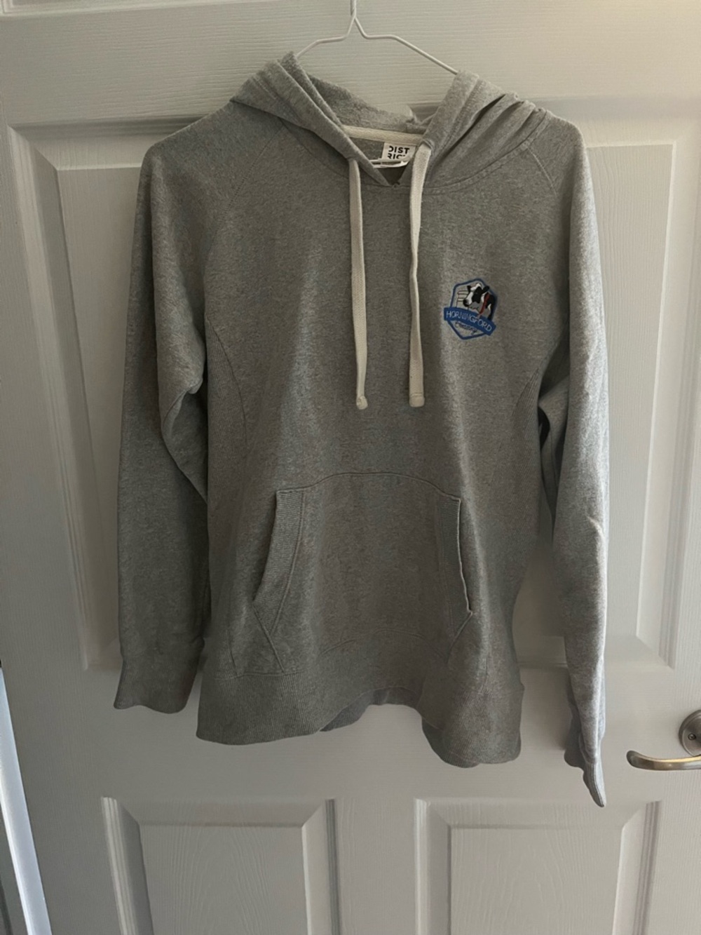 District Light Gray Hooded Sweatshirt with Small Blue Patch